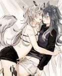 2girls :d animal_ears arknights bandeau bangs bare_arms bare_shoulders black_hair black_shirt black_shorts blush breast_press breasts brown_eyes cleavage commentary_request cowboy_shot eye_contact grey_eyes grey_shorts groin hair_between_eyes hair_ornament hairclip lappland_(arknights) long_hair long_sleeves looking_at_another medium_breasts midriff multiple_girls open_mouth ore_lesion_(arknights) red_(girllove) saliva saliva_trail scar shirt short_shorts shorts silver_hair smile strapless tail texas_(arknights) thighs tubetop wolf_ears wolf_tail yuri 