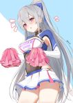  /\/\/\ 1girl :o armpit_cutout azur_lane bangs black_leotard blue_bow blush bow braid breasts broche_(timpet) casablanca_(azur_lane) casablanca_(cheer_squad_on_break)_(azur_lane) cheerleader cleavage cleavage_cutout covered_navel eyebrows_visible_through_hair flying_sweatdrops from_below hair_between_eyes hair_bow high_ponytail highres holding leotard leotard_under_clothes long_hair long_sleeves looking_at_viewer looking_down medium_breasts miniskirt open_mouth pleated_skirt pom_poms silver_hair skirt solo straight_hair two-tone_background very_long_hair white_skirt 