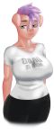  2020 akiric anthro big_breasts blue_eyes breasts clothed clothing domestic_pig english_text female hair half-closed_eyes hi_res looking_at_viewer mammal narrowed_eyes purple_hair shirt simple_background standing suid suina sus_(pig) t-shirt text topwear white_background 