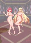  2girls alternate_costume animal_ears areolae blonde_hair blush breasts bunnysuit covered_navel dual_persona easter highres hikari_(xenoblade_2) holding_hands homura_(xenoblade_2) indoors large_breasts leotard long_hair looking_at_viewer louise_(ydgv2724) medium_breasts multiple_girls multiple_persona nipples nude pose red_eyes red_hair short_hair smile thighs very_long_hair xenoblade_(series) xenoblade_2 yellow_eyes 