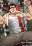  1boy akihiro_altland bara barbell bench_press black_hair chest dark_skin exercise gundam gundam_tekketsu_no_orphans gym indoors kienbiu looking_at_viewer lying male_focus muscle on_back pants pectorals simple_background solo tank_top thighs towel weightlifting weights 