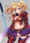  1girl bangs belt black_hairband blonde_hair blue_eyes blush braid breasts brown_belt cleavage commentary_request eyebrows_visible_through_hair gauntlets granblue_fantasy grey_background hair_ornament hairband holding large_breasts long_hair looking_at_viewer navel shiroyukimajima simple_background smile solo thighhighs twintails zeta_(granblue_fantasy) 