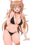  1girl bikini black_bikini blue_eyes breasts cleavage cowboy_shot eyebrows_visible_through_hair hair_ribbon highres houjou_hibiki large_breasts long_hair manji_(tenketsu) navel precure ribbon solo suite_precure swimsuit two_side_up white_background 