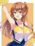  1girl :d absurdres armpits arrichee bangs blush breasts brown_hair cheerleader chuunibyou_demo_koi_ga_shitai! cleavage collarbone covered_navel eyebrows_visible_through_hair floating_hair hair_between_eyes hair_ornament hairclip highres long_hair medium_breasts nibutani_shinka open_mouth pom_poms shiny shiny_hair shirt side_ponytail sleeveless sleeveless_shirt smile solo standing two-tone_background upper_body very_long_hair white_background yellow_background yellow_eyes 