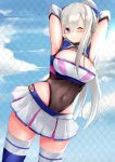  1girl ;| absurdres areola_slip areolae armpit_cutout armpits arms_behind_back arms_behind_head azur_lane bangs black_leotard blue_legwear blue_sky blush bow braid breasts casablanca_(azur_lane) casablanca_(cheer_squad_on_break)_(azur_lane) chain-link_fence cheerleader cleavage cleavage_cutout cloud commentary covered_navel cowboy_shot crop_top eyebrows_visible_through_hair fence groin hair_between_eyes hair_bow highleg highleg_leotard highres kebohan large_breasts leotard leotard_under_clothes long_hair long_sleeves looking_at_viewer midriff miniskirt navel one_eye_closed outdoors pleated_skirt ponytail purple_eyes revision ribbed_legwear sidelocks silver_hair skirt sky solo standing thighhighs twitter_username two-tone_skirt white_skirt zettai_ryouiki 