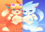  animal_crossing anthro audie_(animal_crossing) big_breasts breasts canid canine canis duo eyewear female female/female glasses kneeling looking_at_viewer mammal nintendo presenting shy stitcheddolls video_games whitney_(animal_crossing) wolf 