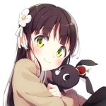  1girl aizaki_(aizkaizk) anko_(gochiusa) bangs blush brown_hair brown_sweater bunny closed_mouth commentary_request crown eyebrows_visible_through_hair flower gochuumon_wa_usagi_desu_ka? green_eyes hair_flower hair_ornament hug long_hair long_sleeves looking_at_viewer mini_crown sailor_collar school_uniform simple_background sweater ujimatsu_chiya wavy_mouth white_background white_sailor_collar 