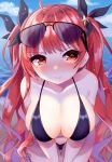  1girl absurdres azur_lane bangs bikini black_bikini black_ribbon blue_sky blush breasts chiitamu cleavage closed_mouth cloud eyebrows_visible_through_hair eyewear_on_head hair_ornament hair_ribbon highres honolulu_(azur_lane) honolulu_(summer_accident?!)_(azur_lane) large_breasts long_hair looking_at_viewer ocean red_eyes red_hair ribbon sky smile solo star star_hair_ornament sunglasses swimsuit twintails water 