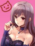  1girl :3 :o alternate_hairstyle bare_shoulders black_hair black_lipstick blush breasts choker cleavage collarbone detached_sleeves dress fingernails gem glint hair_down holding_lipstick_tube idolmaster idolmaster_cinderella_girls jewelry kanzaki_ranko lipstick long_fingernails long_hair long_sleeves makeup medium_breasts nail_polish necklace open_mouth pink_background pink_eyes pink_nails purple_choker purple_dress sapphire_(gemstone) simple_background solo strapless strapless_dress upper_body uraichishi 