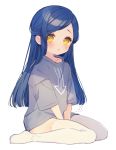  1girl :o between_legs blue_hair blush directional_arrow full_body garter_straps grey_shirt half_updo hand_between_legs honzuki_no_gekokujou long_hair looking_at_viewer maine_(honzuki_no_gekokujou) no_pants no_shoes parted_lips print_shirt rinndouk shirt short_sleeves simple_background sitting skindentation straight_hair thighhighs v_arms wariza white_background white_legwear yellow_eyes 