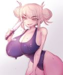  1girl artist_name bangs black_nails blonde_hair blunt_bangs blush boku_no_hero_academia breasts brown_eyes double_bun grin highres holding holding_knife holding_weapon huge_breasts inkbuns knife messy_hair naughty_face one-piece_swimsuit sharp_teeth sidelocks signature smile swimsuit teeth thick_thighs thighs toga_himiko weapon wet wet_clothes wet_swimsuit white_background 