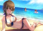  3girls bangs barefoot beach bikini blue_hairband blue_ribbon blue_sky blush braid breasts brown_eyes brown_hair cleavage closed_eyes closed_mouth collarbone crown_braid dutch_angle eyebrows_visible_through_hair front-tie_bikini front-tie_top groin hair_ribbon hairband halterneck highres idolmaster idolmaster_shiny_colors innertube kuwayama_chiyuki lens_flare looking_at_viewer lying medium_breasts miyar2d2 multiple_girls ocean on_side oosaki_amana oosaki_tenka ponytail ribbon shiny shiny_hair short_hair side-tie_bikini sky smile solo solo_focus swimsuit 