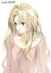  1girl artist_name bangs blonde_hair blue_eyes breasts collarbone commentary_request copyright_request eyebrows_visible_through_hair looking_to_the_side messy_hair simple_background small_breasts solo sukja translation_request white_background 