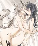  2girls :d animal_ears arknights bangs black_hair black_shirt blush breasts brown_eyes collarbone commentary_request cowboy_shot eye_contact grey_eyes grey_shorts groin hair_between_eyes hair_ornament hairclip lappland_(arknights) long_hair long_sleeves looking_at_another medium_breasts multiple_girls nipples nude open_mouth ore_lesion_(arknights) red_(girllove) saliva saliva_trail scar shirt shorts silver_hair smile tail texas_(arknights) thighs wolf_ears wolf_tail yuri 