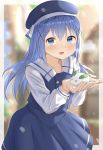  1girl :d blue_eyes blue_hair blue_headwear blue_skirt blurry blurry_background floating_hair gochuumon_wa_usagi_desu_ka? hair_between_eyes hair_ornament highres kafuu_chino long_hair long_sleeves miniskirt open_mouth pleated_skirt raru0310 shiny shiny_hair shirt skirt smile snow_bunny snowing solo standing white_shirt x_hair_ornament 