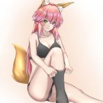  1girl animal_ear_fluff animal_ears bangs black_bra black_legwear black_panties bra breasts cameltoe cleavage closed_mouth collarbone fate/extra fate_(series) fox_ears fox_tail hair_between_eyes highres kamehito long_hair looking_at_viewer medium_breasts panties pink_hair shiny shiny_hair sideboob simple_background sitting smile solo tail tamamo_(fate)_(all) tamamo_no_mae_(fate) underwear underwear_only very_long_hair white_background yellow_eyes 