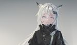  1girl animal_ears arknights bangs black_jacket eyebrows_visible_through_hair gradient gradient_background grey_background grey_eyes hair_between_eyes hair_ornament hairclip high_collar highres jacket lappland_(arknights) long_hair looking_at_viewer scar scar_across_eye silver_hair sing_shuixing smile solo upper_body wolf_ears 