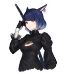  1girl 735308747 absurdres animal_ears bandaged_arm bandages black_gloves blue_hair braid breasts cat_ears cleavage cleavage_cutout cosplay cropped_torso crown_braid earrings facial_mark final_fantasy final_fantasy_xiv gloves hand_up highres jewelry juliet_sleeves long_sleeves looking_at_viewer miqo&#039;te nier_(series) nier_automata parted_lips puffy_sleeves purple_eyes short_hair simple_background slit_pupils small_breasts smile solo sword upper_body weapon weapon_on_back whisker_markings white_background yorha_no._2_type_b yorha_no._2_type_b_(cosplay) 