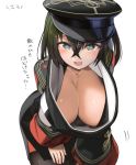  1girl aqua_eyes bangs black_coat black_hair black_headwear blush breasts coat crossed_bangs hair_between_eyes hanging_breasts hat hooded_coat kuuro_kuro large_breasts leaning_forward long_sleeves looking_at_viewer military motion_lines original peaked_cap translation_request wide_sleeves 