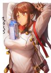  1girl adjusting_hair breasts brown_hair drinking drinking_straw eyebrows_visible_through_hair hair_ornament hairclip highres jacket long_hair milk_carton mole mole_under_eye neshia_(tsaqif0309) original ponytail red_eyes solo 