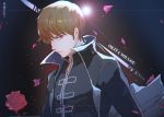  1boy 2019 bangs black_jacket brown_hair character_name closed_mouth dated eyebrows_visible_through_hair flower gintama glorenia highres jacket long_sleeves looking_at_viewer male_focus okita_sougo petals red_eyes red_flower red_rose rose smile smug solo 