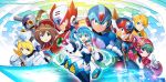  4boys 5girls alia_(rockman) ammunition axl cannon cinnamon gun hat helmet highres iris_(rockman_x) marino multiple_boys multiple_girls navigator nurse_cap official_art rico_(rockman) rockman rockman_x rockman_x_command_mission rockman_x_dive side_ponytail smile vava weapon x_(rockman) zero_(rockman) 