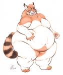  anthro belly brown_body brown_fur butt chubby_cheeks claws felid feline fur gravewalker hand_on_stomach hi_res lynx male mammal moobs navel nipples nude obese obese_male open_mouth open_smile overweight overweight_male simple_background smile solo standing thick_thighs toe_claws white_background white_body white_fur wide_hips 
