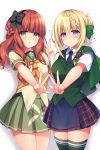  2girls bangs blonde_hair blue_skirt blunt_bangs blush braid braided_bangs braided_bun breasts capelet chestnut_mouth commentary_request de_ruyter_(kantai_collection) eyebrows_visible_through_hair green_eyes green_legwear green_sailor_collar green_serafuku green_vest hair_between_eyes hair_ribbon hairband highres kantai_collection long_hair looking_at_viewer medium_breasts multiple_girls neckerchief necktie open_mouth orange_neckwear outstretched_arm perth_(kantai_collection) pleated_skirt purple_eyes red_hair ribbon ringo_sui sailor_collar school_uniform serafuku shirt short_sleeves sidelocks simple_background skirt sweatdrop thighhighs trembling v vest white_background white_shirt 