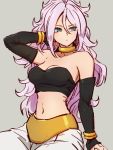 1girl android_21 arm_support bare_shoulders blue_eyes bracelet breasts choker cleavage detached_sleeves dragon_ball dragon_ball_fighterz grey_background hair_between_eyes jewelry kemachiku long_hair looking_to_the_side majin_android_21 medium_breasts midriff navel pink_hair simple_background sitting solo yellow_choker 