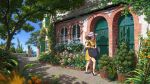  1girl :t bag brown_hair building commentary_request day dress flower hat highres house italy ivy lorenzo_lanfranconi original plant potted_plant scenery shade short_hair short_sleeves solo summer sun_hat tree watch wide_shot wristwatch yellow_dress 