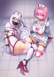  2girls absurdres apron ball_gag bdsm bondage bound breasts choker frogtie gag hat high_heels highres idolmaster idolmaster_(classic) idolmaster_cinderella_girls kaddo large_breasts long_hair multiple_girls nurse nurse_cap panel_gag pink_eyes pink_hair purple_eyes rope shijou_takane signature silver_hair skindentation striped striped_legwear thighhighs thighs vibrator yumemi_riamu 