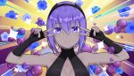  1girl artist_request bangs bare_shoulders black_gloves black_hairband black_leotard breasts bubble center_opening closed_mouth collarbone dark_skin double_v elbow_gloves emotional_engine_-_full_drive fate/grand_order fate/prototype fate/prototype:_fragments_of_blue_and_silver fate_(series) fingerless_gloves floral_background gloves hair_between_eyes hairband hands_up hassan_of_serenity_(fate) highres leotard looking_at_viewer medium_breasts parody purple_background purple_eyes purple_hair short_hair smile solo sparkle sunburst sunburst_background v yellow_background 