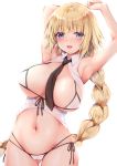 1girl armpits arms_up bangs between_breasts bikini black_neckwear blonde_hair blue_eyes braid breasts commentary_request eyebrows_visible_through_hair fate/apocrypha fate/grand_order fate_(series) geko jeanne_d&#039;arc_(fate) jeanne_d&#039;arc_(fate)_(all) large_breasts long_hair looking_at_viewer navel necktie necktie_between_breasts open_mouth side-tie_bikini simple_background single_braid smile solo swimsuit white_background white_bikini 