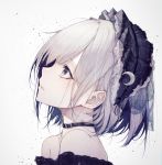 1girl absurdres bare_shoulders black_eyes buckle collar crescent from_side grey_background hairband highres hito_komoru huge_filesize lolita_hairband looking_away looking_up off_shoulder original pale_skin parted_lips profile short_hair silver_hair simple_background solo upper_body 