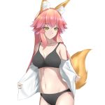  1girl absurdres animal_ear_fluff animal_ears bangs black_bra black_panties bra breasts cleavage closed_mouth collarbone cowboy_shot dress_shirt eyebrows_visible_through_hair fate/extra fate_(series) fox_ears fox_tail highres kamehito long_hair medium_breasts navel open_clothes open_shirt panties pink_hair shiny shiny_hair shirt sideboob simple_background solo standing tail tamamo_(fate)_(all) tamamo_no_mae_(fate) underwear underwear_only very_long_hair white_background white_shirt yellow_eyes 