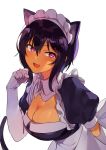  1girl animal_ears black_hair blush breasts cat_ears cat_tail cleavage dark_skin elbow_gloves eyebrows_visible_through_hair gloves highres konbu_wakame large_breasts lilith_(saikin_yatotta_maid_ga_ayashii) looking_at_viewer maid maid_headdress mole mole_on_breast mole_under_eye open_mouth puffy_short_sleeves puffy_sleeves purple_eyes saikin_yatotta_maid_ga_ayashii short_hair short_sleeves smile solo tail upper_body white_gloves 
