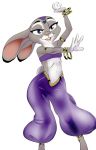  2019 akiric anthro armband bandeau bangle belly_dancer breasts buckteeth cheek_tuft clothed clothing dancing dipstick_ears disney facial_tuft female harem_pants jewelry judy_hopps lagomorph leporid mammal midriff multicolored_ears open_mouth open_smile purple_eyes rabbit scut_tail simple_background smile solo teeth topwear tuft white_background zootopia 