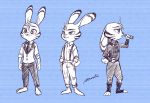  2020 anthro barefoot blue_background clothed clothing disney ear_markings facial_markings fully_clothed fur head_markings head_tuft hi_res holding_object jack_savage lagomorph leporid mammal markings mochigolo618 multiple_poses pose rabbit simple_background solo standing tuft zootopia 