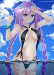  1girl bare_shoulders bikini black_bikini blue_eyes blue_sky blush braid breasts cloud cloudy_sky day hair_between_eyes hair_ornament hairclip hand_on_own_forehead hands_up helvetica_5tandard highres long_hair looking_at_viewer medium_breasts navel neptune_(series) o-ring o-ring_bikini ocean open_mouth outdoors power_symbol purple_hair purple_heart sky solo sun swimsuit symbol-shaped_pupils twin_braids twintails very_long_hair wading wet 