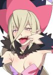  1girl :p areolae black_sleeves blonde_hair breasts cheek_pull detached_collar detached_sleeves eyebrows_visible_through_hair finger_in_mouth green_eyes hair_between_eyes hat heart heart-shaped_pupils long_hair looking_at_viewer magilou_(tales) medium_breasts nipples pointy_ears shirt_pull solo symbol-shaped_pupils tales_of_(series) tales_of_berseria tongue tongue_out toranpo_rintarou upper_body very_long_hair white_background witch_hat 