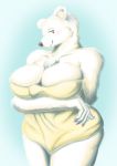  absurd_res anthro breasts chest_tuft cleavage clothed clothing female finger_claws fur hand_behind_back hi_res ice_(ishuzoku_reviewers) ishuzoku_reviewers k.tofu looking_at_viewer mammal polar_bear smile solo towel towel_only tuft ursid ursine white_body white_fur 