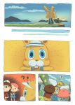  ? animal_crossing blush clothing comic group hat headgear headwear hi_res human lagomorph leporid mammal nintendo nyamcattt outside rabbit scared video_games villager_(animal_crossing) water yellow_body zipper_t._bunny 