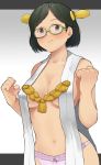  1girl black_hair blue_eyes blush breasts frown glasses green-framed_eyewear headgear kantai_collection kirishima_(kantai_collection) large_breasts navel panties pink_panties short_hair solo tooku_nomura_(artist) underwear upper_body 