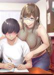  1boy 1girl bangs bare_shoulders black_hair blue_eyes blush breasts brown_hair closed_mouth commentary_request curtains denim desk faceless faceless_male gentsuki glasses highres holding holding_pen indoors large_breasts long_hair midriff notebook original pants pen ribbed_shirt shirt short_sleeves sidelocks sitting sleeveless sleeveless_shirt smile standing studying tutor white_shirt 