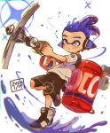  1boy action black_shorts blue_eyes blue_hair blurry dated domino_mask harutarou_(orion_3boshi) headgear high_tops highres holding holding_weapon inkling leg_up logo looking_to_the_side male_focus mask parted_lips scrunchie shirt shoes short_hair short_sleeves shorts solo sparkle splatoon_(series) splatoon_2 standing standing_on_one_leg sting_ray_(splatoon) tentacle_hair topknot translated weapon white_footwear white_shirt 
