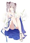  1girl bangs bare_legs bare_shoulders blue_dress blue_ribbon bow bronya_zaychik bronya_zaychik_(wolf&#039;s_dawn) choker crossed_bangs dress drill_hair earrings elbow_gloves feet floral_background flower full_body gloves grey_eyes grey_hair hair_bow highres honkai_(series) honkai_impact_3rd hymxiaocyan jewelry lily_(flower) long_hair necklace panties pantyshot pantyshot_(sitting) polka_dot polka_dot_bow ribbon sandals sitting sky_print smile solo striped striped_panties toes twin_drills two-tone_dress underwear white_choker white_dress white_gloves 