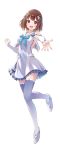  1girl :d bangs bare_shoulders blue_bow blue_legwear blush bow breasts brown_hair dress eyebrows_visible_through_hair grey_footwear highres long_sleeves looking_at_viewer medium_breasts open_mouth original outstretched_arm purple_eyes sailor_collar sailor_dress shoes short_hair simple_background sleeves_past_wrists smile solo standing standing_on_one_leg thighhighs white_background white_dress white_sailor_collar yatomi 