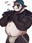  2020 anthro belly black_body black_fur bodily_fluids clothing cute_fangs eyes_closed fur giant_panda hi_res humanoid_hands jockstrap male mammal navel overweight overweight_male pubes ruslorc simple_background solo sweat text underwear ursid white_background white_body white_fur 