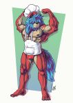  anthro apron black_ears black_nose blue_hair blue_tail bulge canid canine canis chef_hat chemicalkirin chow_chow clothing domestic_dog eyeless flexing fur gradient_background hair hat headgear headwear hi_res male mammal muscular muscular_male nipples pose red_body red_fur signature simple_background solo spitz three-quarter_view 