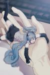  1girl aqua_hair black_legwear closed_eyes commentary detached_sleeves foot_out_of_frame hatsune_miku in_palm keshi keyboard_(computer) long_hair lying minigirl no_shoes on_stomach open_mouth pov pov_hands skirt sleeveless smile thighhighs twintails very_long_hair vocaloid 
